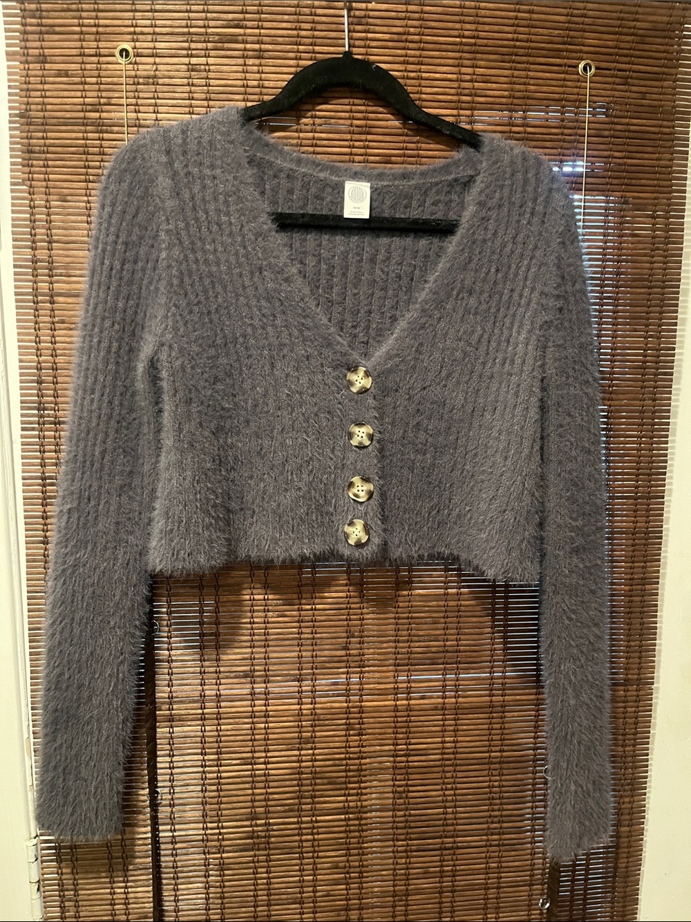 Urban Outfitters Heather Gray Fuzzy Cropped V-Neck Cardigan